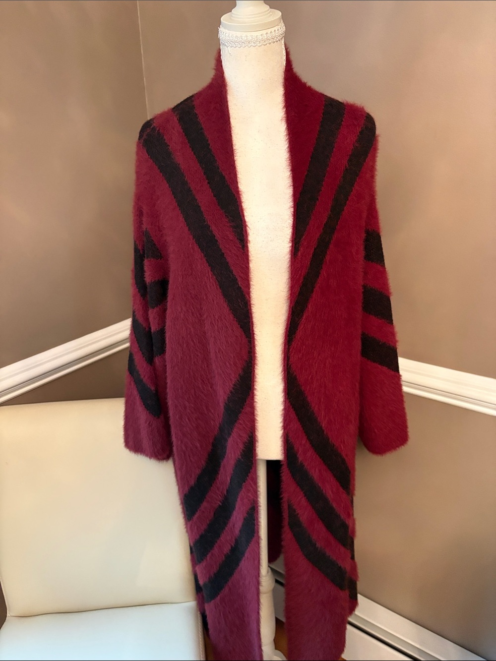 Open-Front Burgundy & Black Striped Women's Cardigan